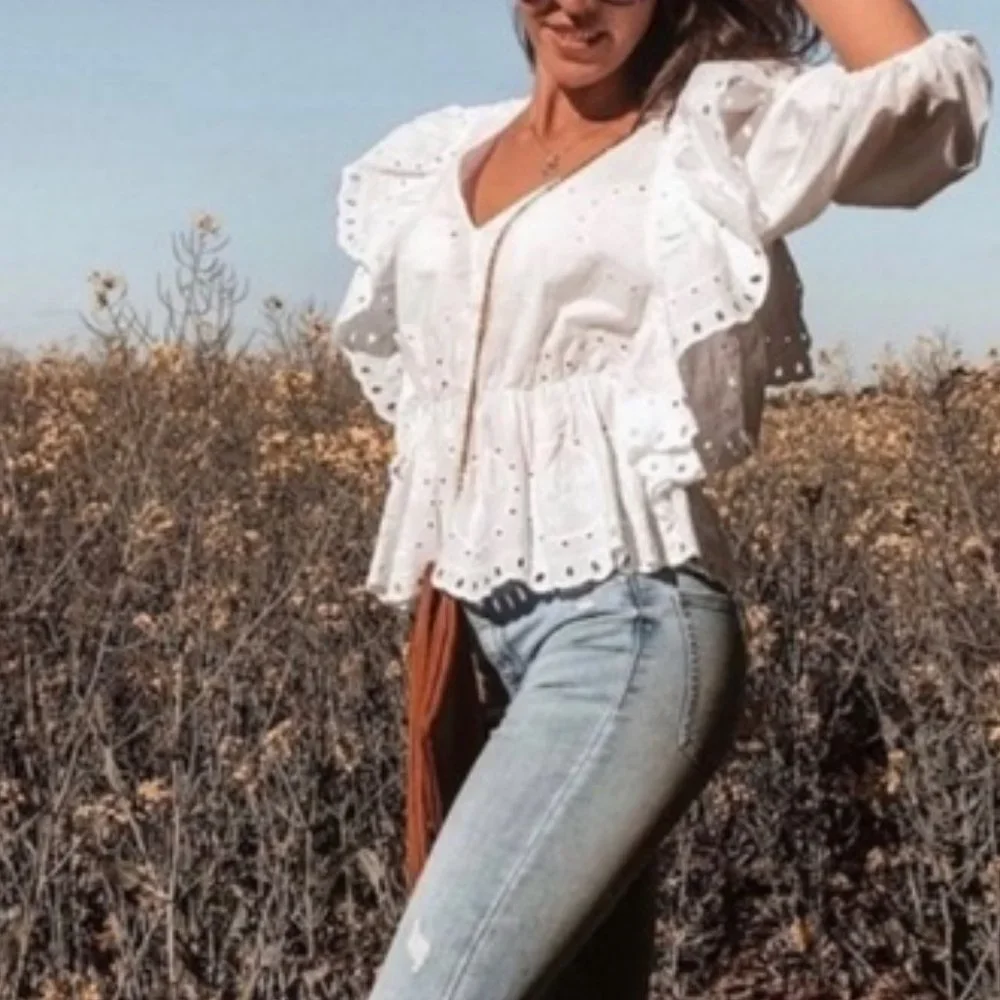 Zara White Poplin Eyelet Puff Top - Picture 7 of 9